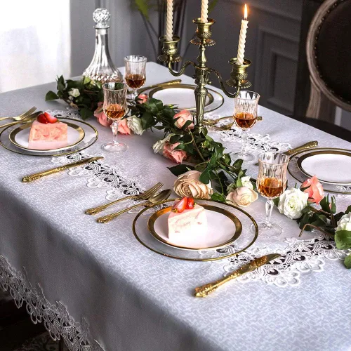 Miniatura 3 de ARTABLE Mantel rectangular de tela de encaje con borde de macramé, manteles de cocina bordados transparentes para elegantes mesas largas de Blanco