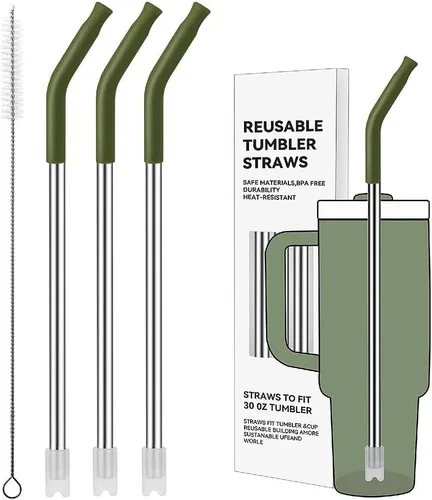 Miniatura 65 de Pajitas de metal rectas para vaso Stanley de 40 onzas, paquete de 3 popotes reutilizables de acero inoxidable con puntas de silicona y cepillo Gris