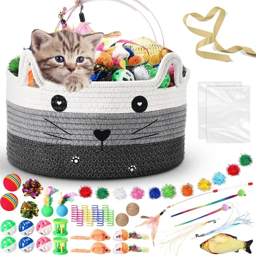 Miniatura 8 de Zopeal Juego de 76 cestas de almacenamiento para gatos, juguetes interactivos para gatos, varita para gatitos, bolas parpadeantes coloridas, bolas
