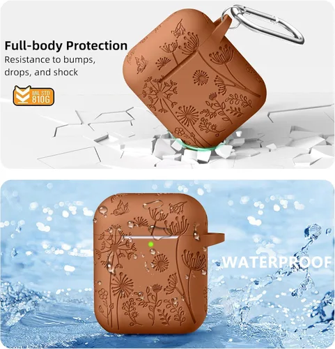 Miniatura 3 de Lerobo - Funda grabada con flores para el estuche de AirPods, protector suave de silicona con llavero, compatible con el estuche de carga de Apple