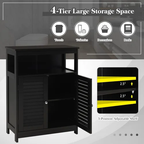 Miniatura 5 de GLACER Gabinete de suelo de baño, armario de almacenamiento de madera con puertas dobles con persiana y estante ajustable de 3 posiciones