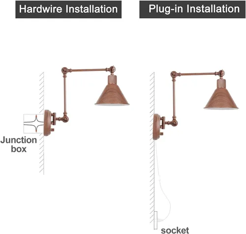 Miniatura 6 de TRLIFE Aplique de pared enchufable, aplique de pared regulable con interruptor de brazo oscilante, luces de pared enchufables, apliques de pared