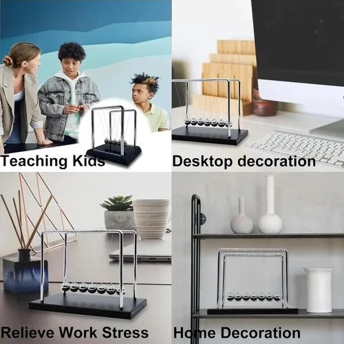 Miniatura 5 de Cuna de Newton Bolas de Equilibrio, Bolas de Péndulo con Base Negra, Péndulo Cuna de Newton, Decoración de Escritorio para Hombres, Juguetes
