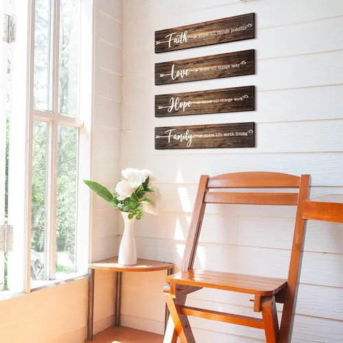 Miniatura 4 de 4 letreros de madera rústica con texto en inglés «Faith Love Hope», «Make All Things Possible», «Easy Work Living» para decoración de pared