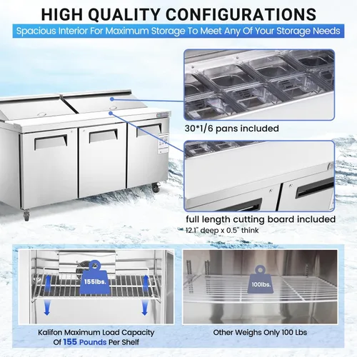 Miniatura 4 de Refrigerador comercial de 3 puertas de 72 pulgadas de ancho, mesa de preparación de ensaladas, refrigerador de acero inoxidable con tabla de cortar