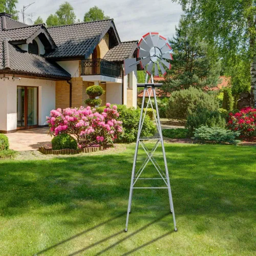 Miniatura 3 de VINGLI Molino de viento ornamental de 8 pies para decoración de jardín trasero, veleta meteorológica, molino de viento de metal resistente con Gris