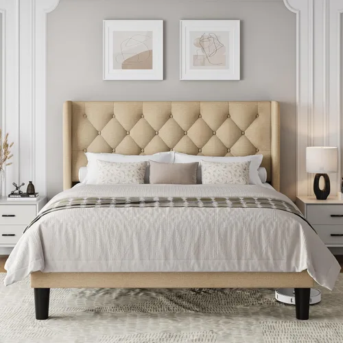 Miniatura 7 de Einhomn Base de cama de plataforma de tamaño matrimonial con cabecera tapizada de tela, 10 pulgadas debajo de la cama, soporte de listones de madera