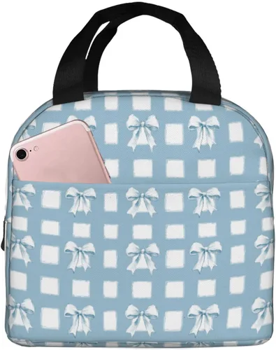Miniatura 51 de Lonchera con diseño a cuadros azules aislada, bolsa térmica para almuerzo para adultos, niños, niñas, mujeres, oficina, trabajo, escuela, picnic