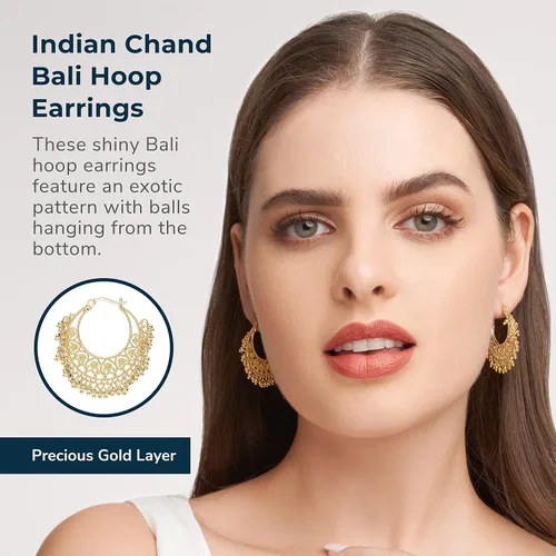 Miniatura 2 de Morgan Paige Bali Hoop Earrings For Women - Yellow 18k Gold Plated Hoop Earrings Ethnic Chandbali Earrings Indian Jewelry Handcrafted 12