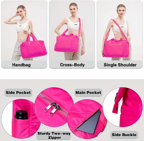Miniatura 6 de Bolsa de gimnasio rosa intenso para mujer, bolsa de viaje ligera y hinchada de 18 pulgadas para viajes, deportes, yoga, resistente al agua