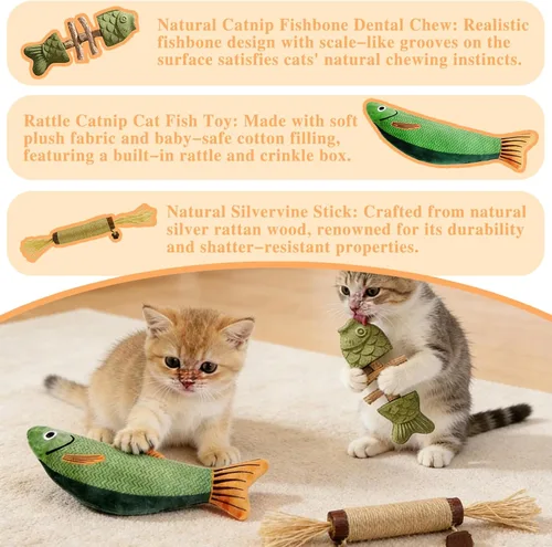 Miniatura 3 de Tensho Purrident Cat Chew Toys 3PCS - Natural Fishbone Catnip Chew Toys and Saury Fish & Silvervine Stick, Dental Chews for Kittens and Cats