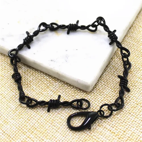 Miniatura 2 de Caiyao Pulsera gótica punk de alambre de púas espinas gruesa y fina y gruesa, pulsera de cadena de eslabones Hip Hop Rock Cool Girl Boy ajustable