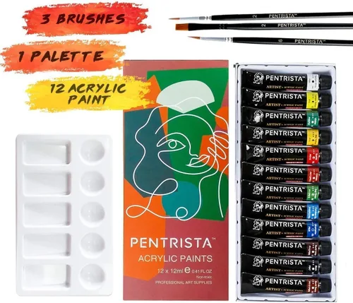 Juego de pintura acrílica profesional, 12 colores de 0.4 fl oz/0.41 onzas líquidas tubos de pintura artística con 3 pinceles + paleta, pinturas