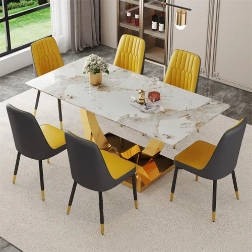 Miniatura 41 de Juego de mesa de comedor para 4, mesa de comedor de mármol sintético de 63 pulgadas con patas y base de acero inoxidable, sillas acolchadas