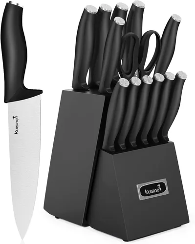 Juego de bloque de cuchillos de cocina Kuisine, juego de cuchillos de chef de acero inoxidable de alto carbono con afilador incorporado, elegante