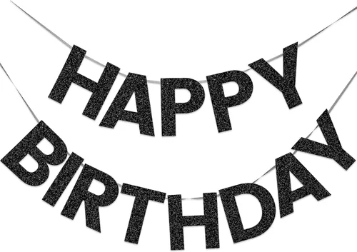 Pancarta de Feliz Cumpleaños con Purpurina Negra - 9 pies Pre-Ensartada Sin Bricolaje Cartel de Fondo para Fiestas, Adultos, Niños, Mujeres, Oro rosa