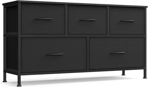 SONGMICS Cómoda para dormitorio, cómoda, acero, MDF, 5 cajones de tela no tejida, unidad organizadora de almacenamiento, armario, entrada, negro