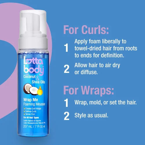 Miniatura 8 de Lottabody Mousse en espuma con aceite de coco y manteca de karité Wrap Me, crea envoltorios suaves, mousse para cabello rizado, define rizos