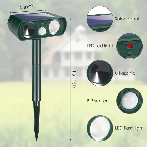 Miniatura 4 de Repelente solar de animales, paquete de 4 repelentes ultrasónicos de animales al aire libre con sensor de movimiento y luz intermitente