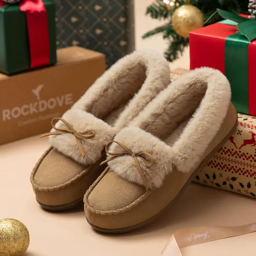 Miniatura 6 de RockDove Pantuflas tipo mocasín de microgamuza con forro de piel sintética para mujer