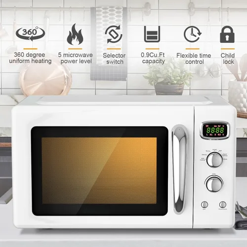 Miniatura 4 de Horno microondas retro para encimera, SIMOE Horno microondas compacto 0.9 pies cúbicos con bloqueo para niños, 5 niveles de potencia, descongelación