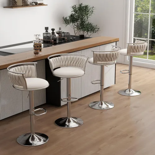 Miniatura 11 de Juego de 2 taburetes de bar giratorios de 360°, silla de bar de terciopelo ajustable a altura de mostrador moderna, taburete de metal plateado