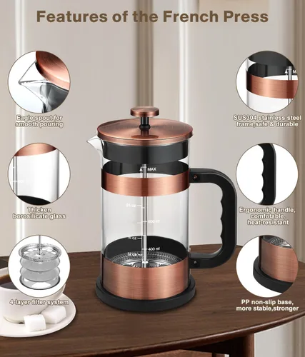 Miniatura 4 de Prensa francesa para café - Cafetera de acero inoxidable clásico de 34 onzas con sistema de filtración de 4 niveles, vidrio de borosilicato Cobre