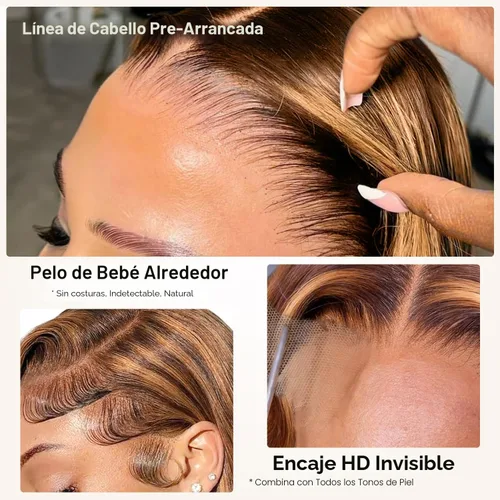 Miniatura 3 de Pizazz Pelucas de cabello natural con encaje frontal color rubio miel, predepiladas con línea de cabello natural 13x4, pelucas sin pegamento