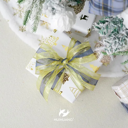 Miniatura 4 de HUIHUANG Cinta con Alambre Azul Marino y Dorado de 2.5 Pulgadas, Dorado Metálico con Cinta de Malla de Purpurina Dorada para Decoraciones de Árboles