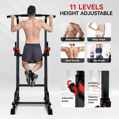Miniatura 2 de Pooboo Power Tower Dip Station Pull Up Bar for Fitness Home Gym Workout,450 Pounds Multi-Function Adjustable Height Fitness Strength Training