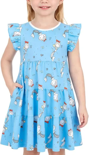 Miniatura 26 de Vestido casual para niñas, de algodón suave, manga corta, transpirable, acampanado, para adolescentes, talla 2T, 3T, 4T, 5, 6, 7, 8, 9, 10, 12, 13
