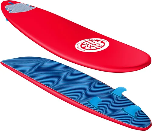 Miniatura 10 de Bloo Tide Tabla de surf de 8 pies con parte superior suave roja con diseño de Wavizm azul gráfico inferior