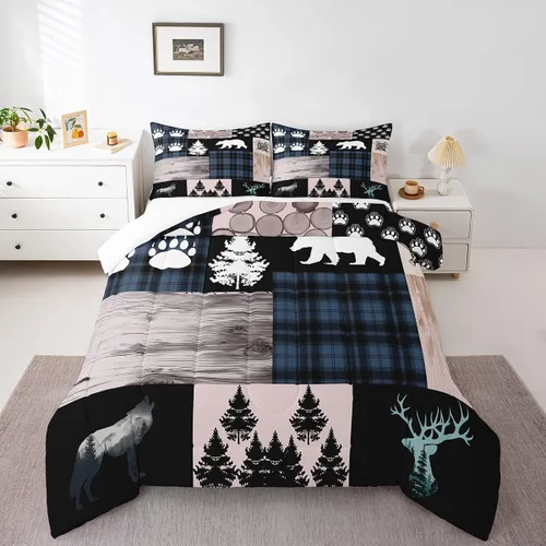 Miniatura 15 de Manfei Rutic Farmhouse - Juego de edredón tamaño King, juego de ropa de cama de retazos de madera a cuadros de ciervo, oso, árbol, 3 piezas
