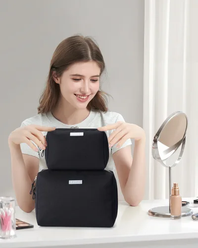 Miniatura 7 de Narwey Bolsa de maquillaje de viaje para cosméticos, bolsa organizadora de artículos de tocador, bolsas de maquillaje con compartimentos para Negro