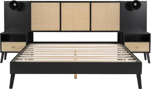Miniatura 7 de Harper & Bright Designs Cama de plataforma tamaño Queen con 2 mesitas de noche y 2 lámparas, cama Queen de madera con cabecero, combinación de ratán
