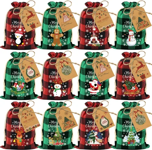 Miniatura 12 de 72 bolsas de regalo navideñas medianas de algodón con cordón de cuadros búfalo, bolsas de dulces navideños de algodón, bolsas pequeñas de tela Medio