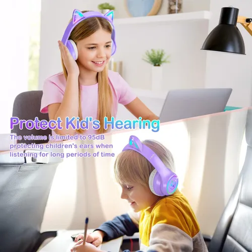 Miniatura 5 de LOBKIN - Auriculares Bluetooth 5.4 para niños con estuche - Orejas de gato plegables ajustables con luz LED RGB, auriculares supraaurales con Púrpura