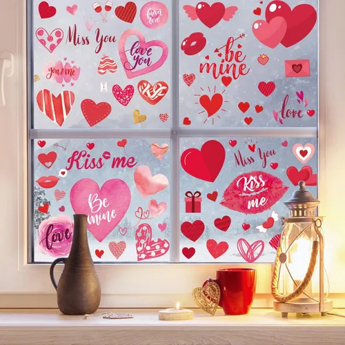 Miniatura 5 de 9 hojas de calcomanías para ventana del día de San Valentín, calcomanías de doble cara para ventana, diseño de labios rojos con corazón rosa