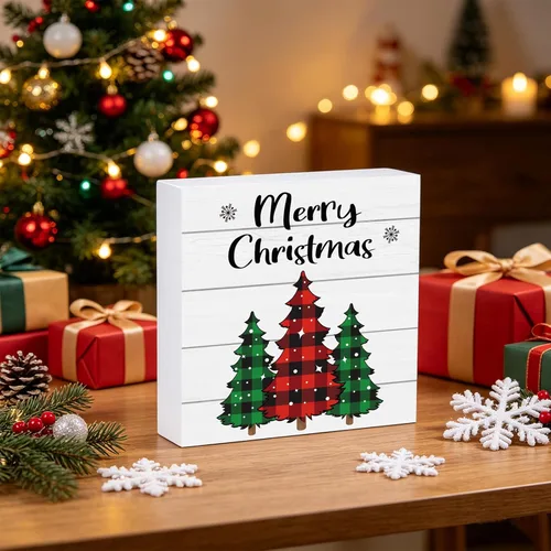 Miniatura 5 de Decoraciones navideñas para interiores, decoración de Navidad, mesa, hogar, habitación, oficina, baño, búfalo, caja de madera, letrero de madera
