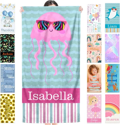 Miniatura 31 de Toalla de playa personalizada para niños, toallas de playa personalizadas de poliéster de secado rápido con nombres para niñas y niños, 30 x 60