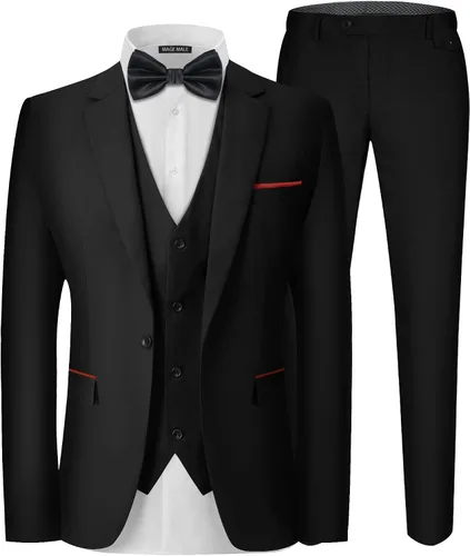 MAGE MALE Traje negro de 3 piezas para hombre, elegante, liso, con un botón, ajustado, de un solo pecho, para fiesta, blazer y pantalones, Negro 0211