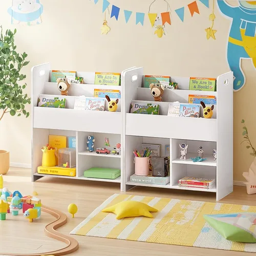 Miniatura 9 de VECELO Estantería para niños, 2 en 1 con estantes y 3 cubos de diferentes tamaños, organizador de madera para almacenamiento de juguetes para Blanco