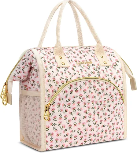 Miniatura 13 de Bolsa de almuerzo aislada para mujer, bolsa de almuerzo de apertura amplia, soporte grande para bebidas, organizador térmico de nailon duradero