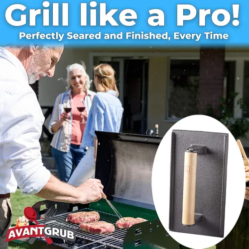 Miniatura 2 de Grado profesional, parrilla de hierro fundido pre-sazonado, peso 1 paquete. Prensa de carne y hamburguesa resistente con mango de madera