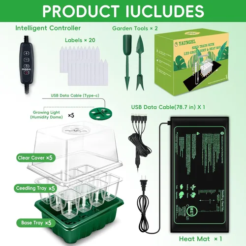 Miniatura 7 de YAUNGEL Bandeja de Inicio de Semillas con Luz de Crecimiento, Kit de Inicio de Semillas de 5 Paquetes con Alfombrilla Térmica, Bandejas de Inicio