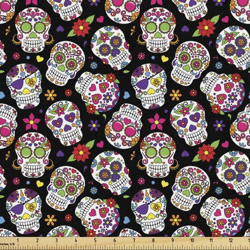 Miniatura 73 de Ambesonne The Yard, tela de calavera colorida con temática de Halloween, diseño de calavera y huesos cruzados, divertido estampado de dibujos