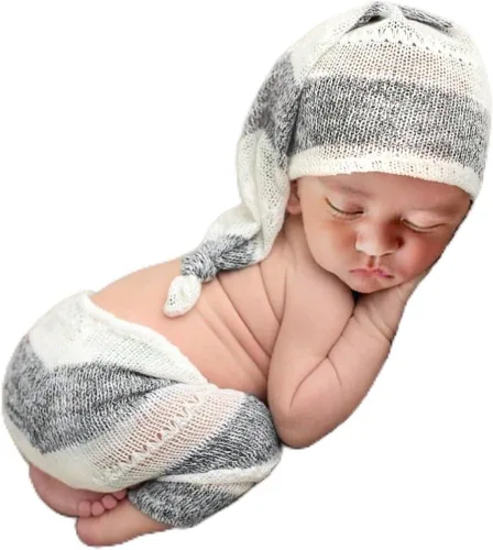 Miniatura 16 de Accesorios para sesión de fotos de bebé recién nacido, sombrero de punto de ganchillo, disfraz, sombrero de rayas, pantalones, mono, accesorios