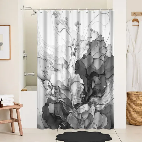 Miniatura 12 de Cortina de ducha con flores grises para baño, juego de cortina de ducha de mármol gris claro y blanco con ganchos, decoración floral abstracta