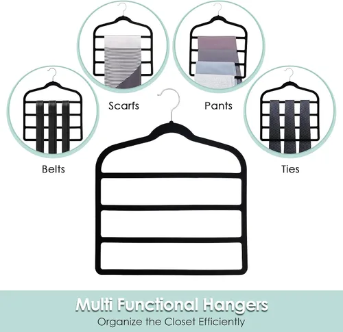 Miniatura 8 de DUDUCOFU - Perchas de terciopelo antideslizantes que ahorran espacio para pantalones, paquete de 4 perchas negras de múltiples capas para ropa, Negro