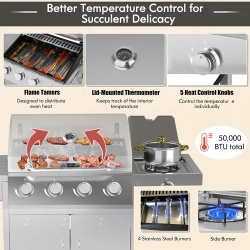 Miniatura 6 de Giantex Parrilla de gas propano de 50,000 BTU, 4 quemadores principales, 1 quemador lateral, 2 mesas de preparación, parrilla de barbacoa de acero